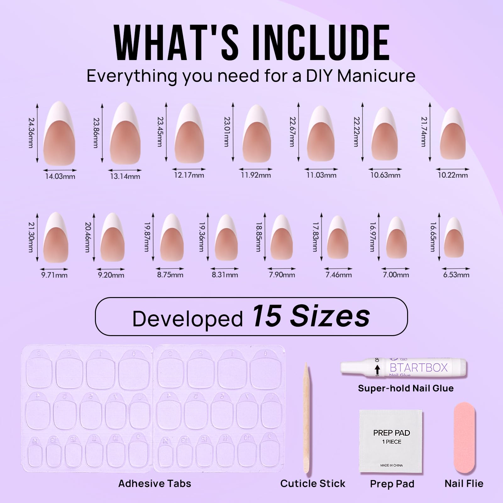 BTArtbox French Tip Press On Nails - Medium Press On Nails Almond, Natural Fake Nail with Nail Glue, Brown Glue On Nails in 15 Sizes - 30 Fake Nails Kit - Image 4