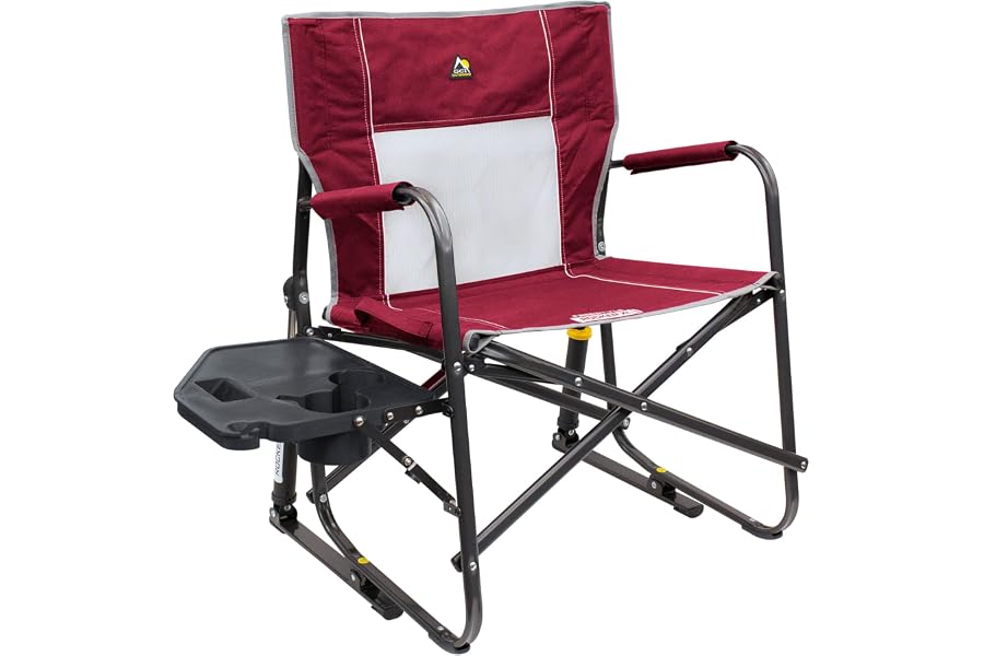 GCI OUTDOOR Freestyle Rocker XL with Side Table Camping Chair | Portable Folding Rocking Chair with Solid, Durable Armrests, Drink Holder & Comfortable Backrest — Red