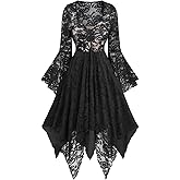 DRESSFO Women Gothic Floral Lace Panel Layered Asymmetric Flare Sleeves Dress