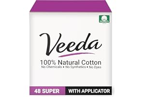 Veeda 100% Natural Cotton Non Toxic Tampons Super Absorbency, Leak Proof Protection - Compact BPA-Free Applicator - Unscented