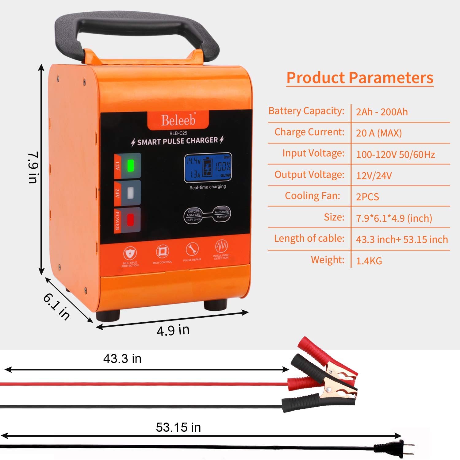 Beleeb Battery Charger 12V/20A 24V/10A Trickle Charger Smart Automatic Battery Charger for Car Motorcycle Boat Marine Lawn Mower SLA ATV RV SUV Wet AGM Gel Cell Lead Acid Battery: Automotive