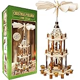 German Christmas Decoration Pyramid - 21 Inches - Wood Nativity Scene Set - Under the Christmas Tree and Table Top Holiday Decor - Nativity Play 3 Tiers Carousel with 6 Candle Holders - German Design