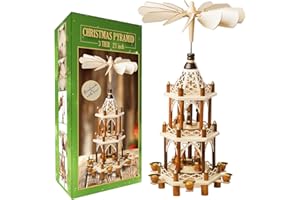 USA SUPREME German Christmas Decoration Pyramid - 21 Inches - Wood Nativity Scene Set - Under The Christmas Tree and Table Top Holiday Decor - Nativity Play 3 Tiers Carousel with 6 Candle Holders - German Design