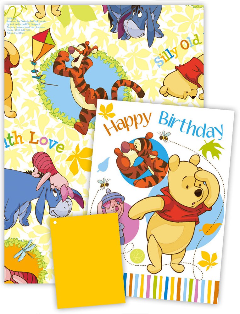 Disney Winnie The Pooh Wrapping Paper with Birthday Card and Gift Tag