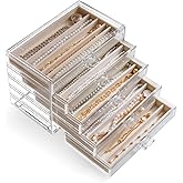 YUFONG Necklace Holder Organizer, Dustproof Necklace Box Velvet Necklace Organizer Box with Lid Clear Acrylic Dustproof Stackable Jewelry Displays for Necklaces Chain Display (Beige, 5 Drawer)