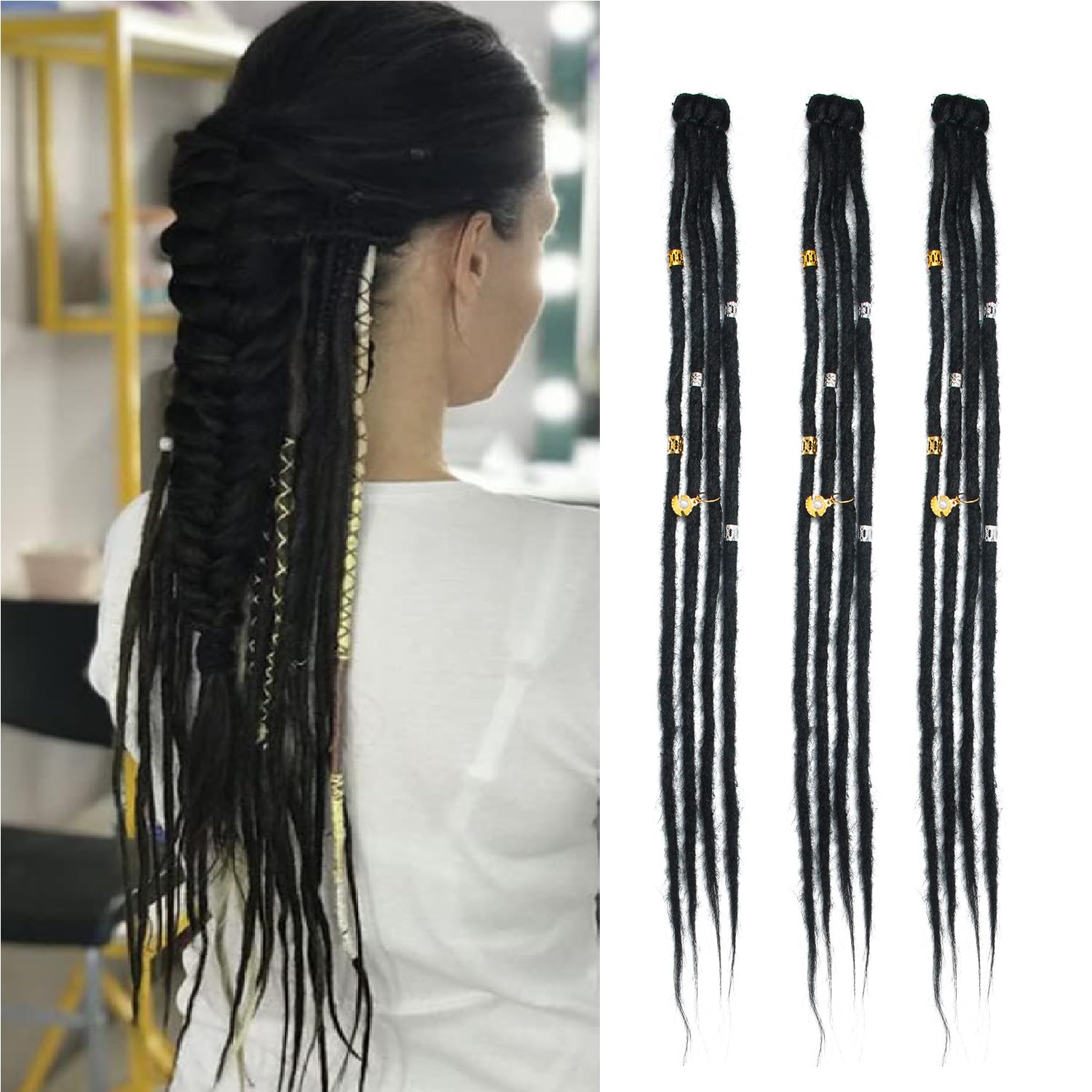 Dsoar Clip In Dreadlock Extensions 20 Inch 3PCS Handmade 0.6cm Synthetic Dreads with Clips Soft Crochet Loc Extensions(1#)