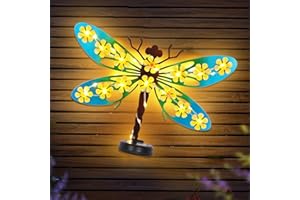 JJALIGHTS Metal Dragonfly Outdoor Wall Decor with 30 Led Solar Lights- 13.9" Outdoor Fence Wall Art Decor, Gift for Mom Grandma Women Birthday Gardening,Hanging Decoration for Garden Patio Porch Yard