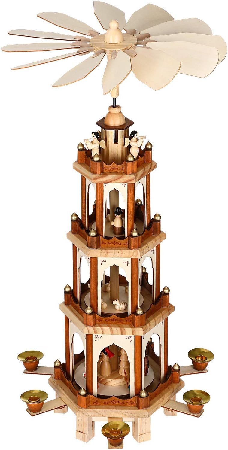 Spielwerk Deuba Christmas Pyramid 60cm Rotating Decoration Wood Traditional Xmas German Candle Lights Windmill 4 Tier (Brown)