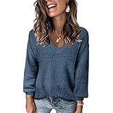FEKOAFE Womens Sweaters 2026 Fall V Neck Long Sleeve Hollow Knit Pullover Sweaters for Women