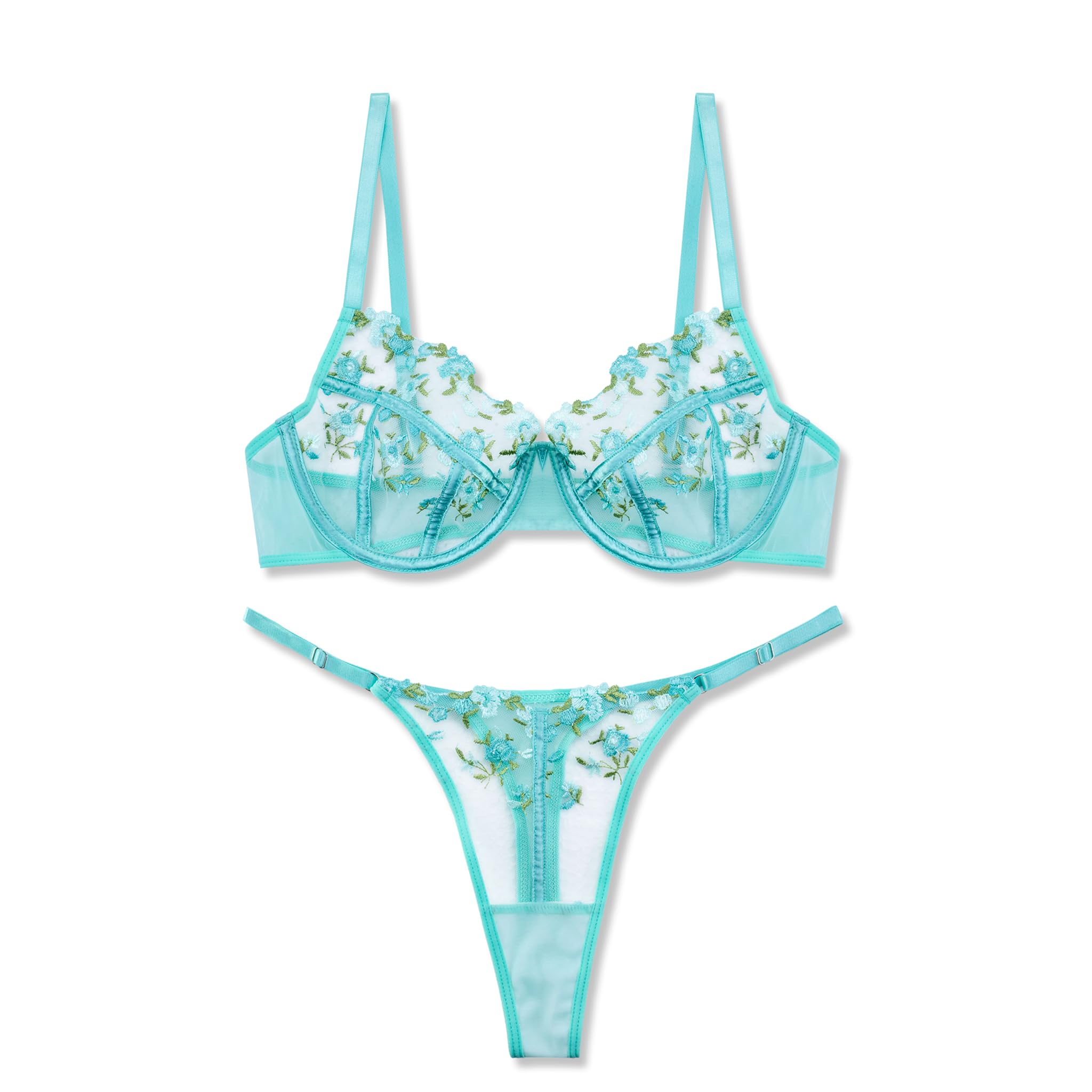 Photo 1 of VORIXIA Womens Floral Embroidery Lingerie Set Soft Mesh Underwire Bra and Panty with Adjustable Straps Satin Trim(Turquoiseurquoise-XL)