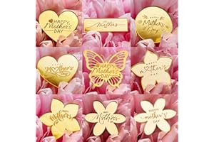 SKTMH 9Pcs Happy Mother's Day Cupcake Toppers, Mirror Acrylic Cupcake Toppers for Mother's Day Birthday Day Cake Decorations,