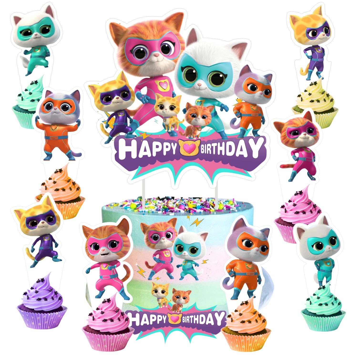 Photo 1 of 25pcs Super Cats Cake Decorations with 24pcs Cupcake Toppers, 1pcs Cake Topper for cats Birthday Party Supplies
