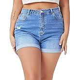 Tulucky Women Plus Size Jean Shorts High Waist Cute Distressed Ripped Folded Hem Denim Shorts