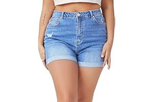 Tulucky Women Plus Size Jean Shorts High Waist Cute Distressed Ripped Folded Hem Denim Shorts