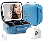 MOMIRA Travel Makeup Bag Cosmetic Bag with Lighted Mirror, Adjustable Brightness in 3 Color Scenarios/Detachable makeup mirror, All-round Upgrade, Waterproof, Gift for Women -Azure Blue