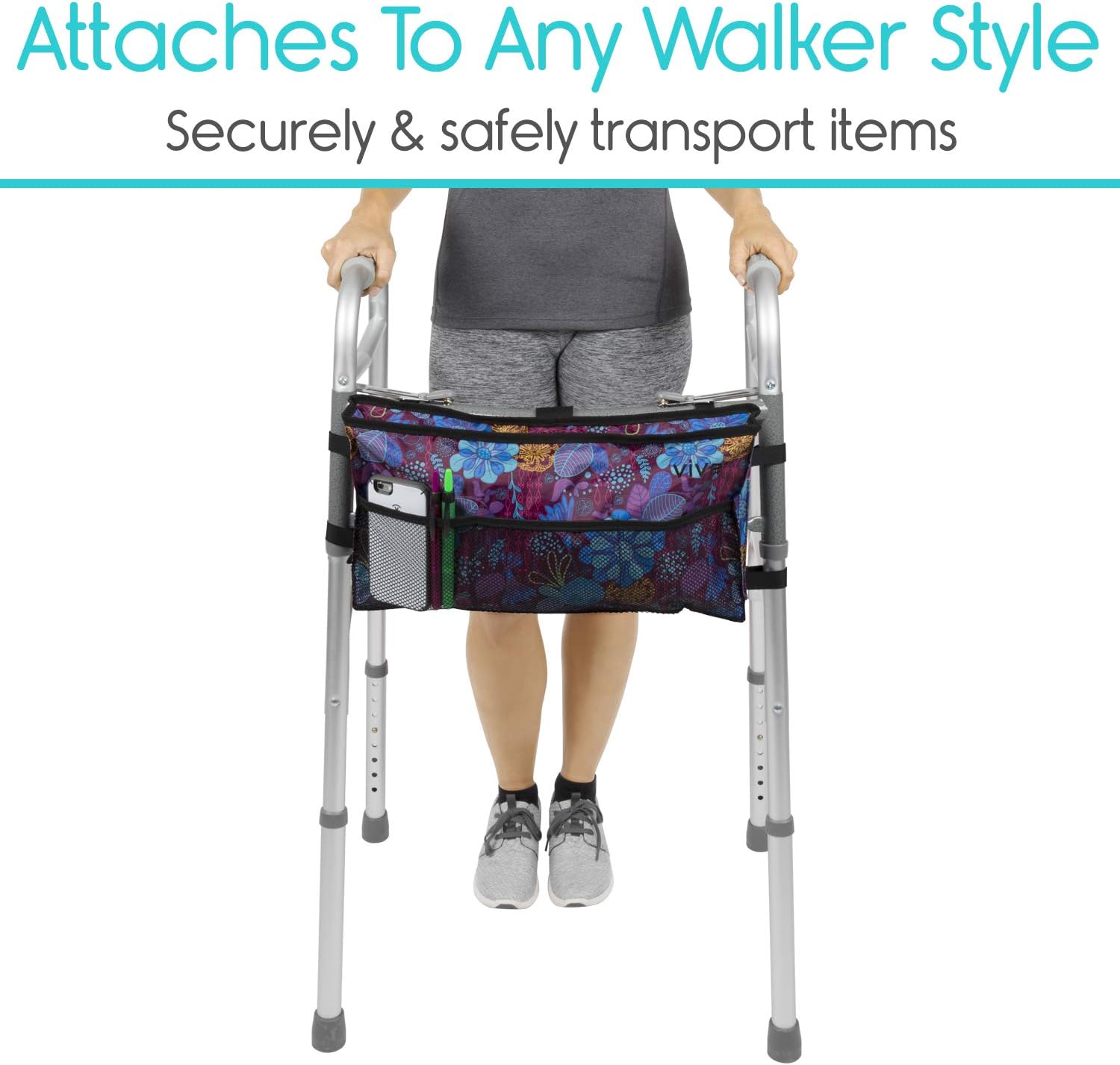 Vive Walker Bag - Water Resistant Accessory Basket Provides Hands Free Storage for Folding Walkers - Attachment Fits Wide and Narrow Styles - Tote Caddy Pouch for Elderly, Seniors, Handicap, Disabled: Health & Personal Care