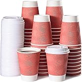 MATICAN Paper Coffee Cups, 50-Pack 12-oz Insulated Corrugated Disposable Paper Cups, With Lids, Ripple Wall Cups for Hot Beverage or Cold Drinks, Coral