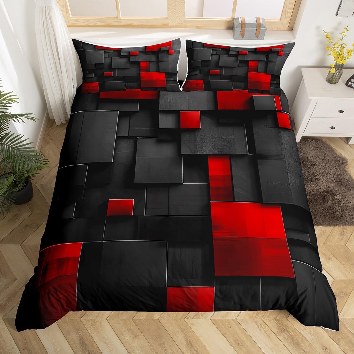 Manfei Abstract Grid Kids Duvet Cover Set King Size, Red and Black Square Comforter Cover, Geometric Lattice Bedding Set for Boys Girls Adults Room Decor, Lightweight Bedspread Cover, 2 Pillowcases