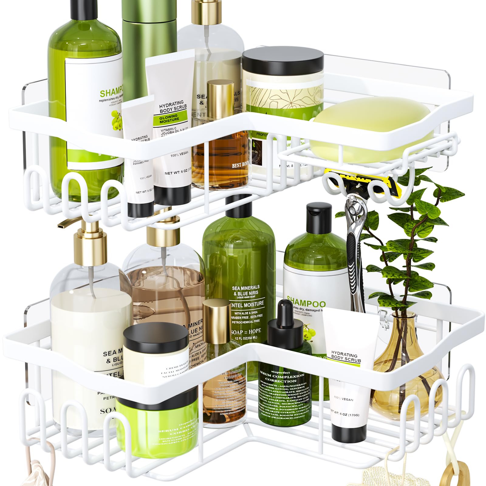 HapiRm Corner Shower Caddy - Corner Shower Shelf No Drilling, White Bathroom Organizer with Soap and Razor Holder, Bathroom Shelves Wall Mounted for Bath, Kitchen, 2 Pack, 6 Adhesives
