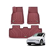 YHTAUTO Floor Mats Compatible with Tesla Model Y Juniper 2025 2026 5-Seat, TPE All Weather Car Mats Waterproof Anti-Slip Odorless 1st & 2nd Row Floor Liner, Set of 3, Red