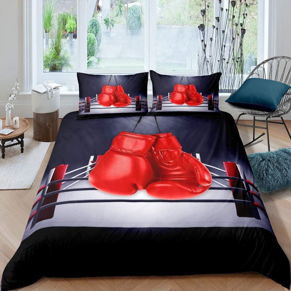 Homewish Boy Boxing Duvet Cover Double Adult Sports Games Theme Comforter Cover Boxing Gloves Bedding Set Boxing Player Quilt Cover For Kids Teens Room Decotive Black Red — image 1