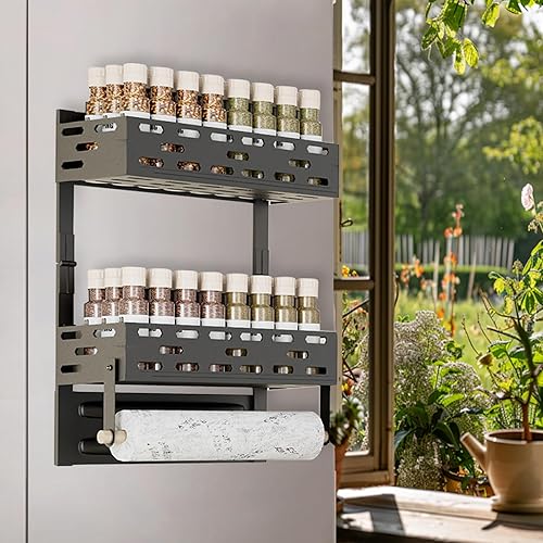 PTAEXCEL Magnetic Spice Rack for Refrigerator, 3-tier Magnetic Shelf With Towel Holder, Fridge Magnet Organizer with Moveable 8 Hooks, Magnetic Shelf for Kitchen Storage Organization.