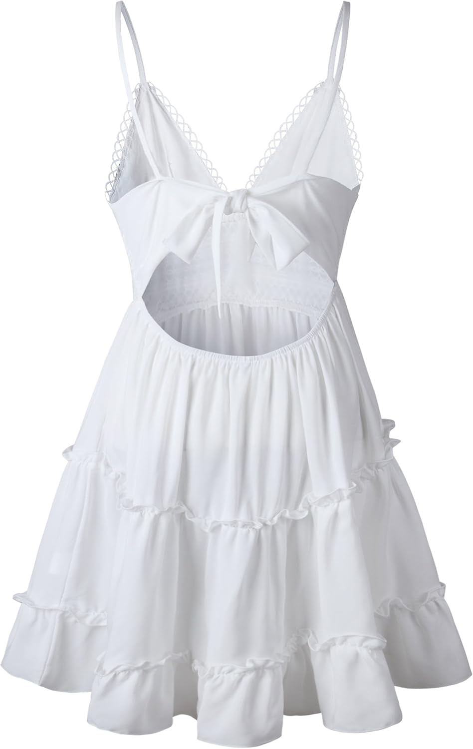 ECOWISH Womens V-Neck Spaghetti Strap Bowknot Backless Sleeveless Lace Mini Swing Skater Dress: Clothing