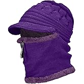 Yonchic Fleece Lined Beanie Hat, Elastic Soft Ear Protection Knitted Mask Hat with Zipper, Face Neck Warmer Set for Women