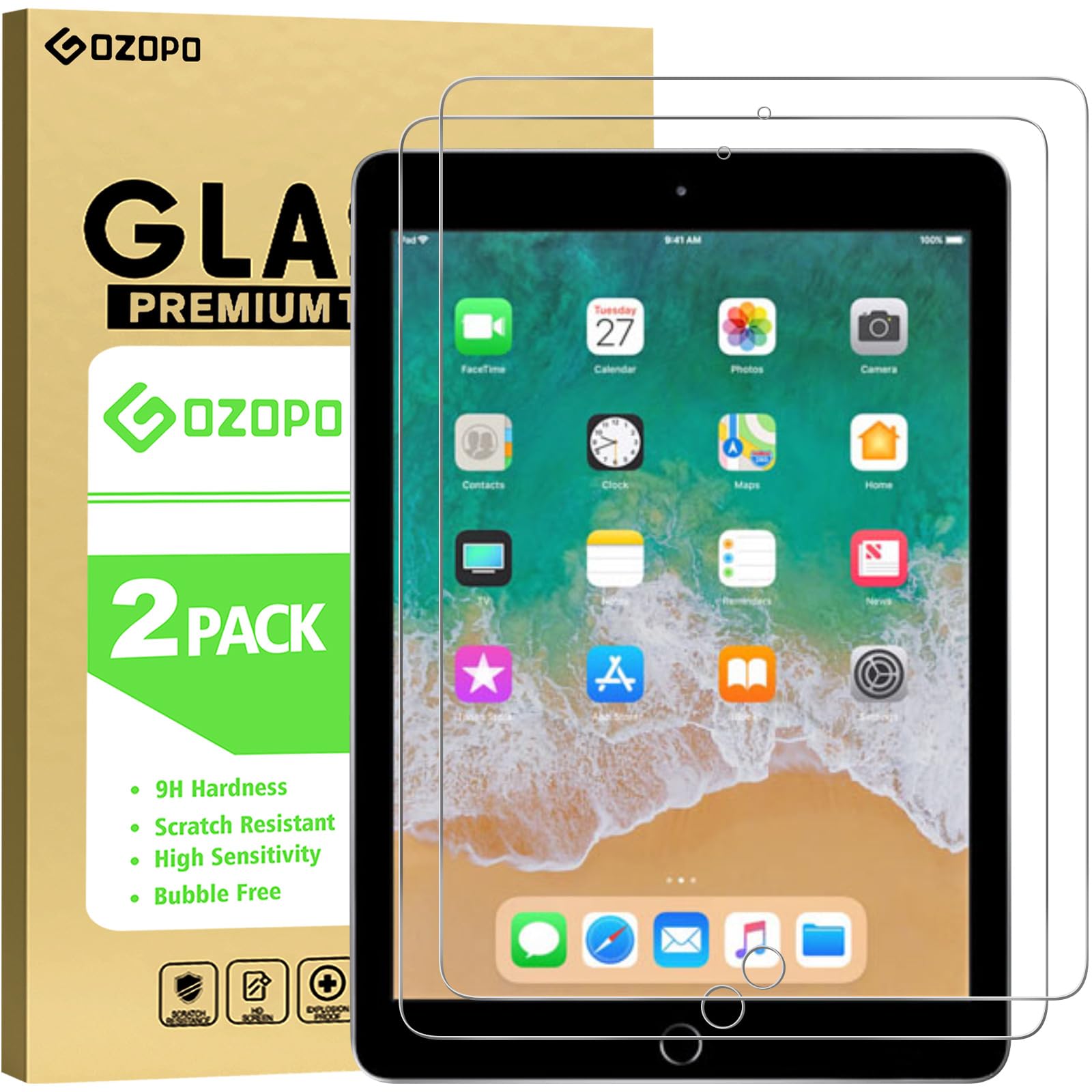 GOZOPO Screen Protector For iPad 9.7 Inch (iPad 6th/5th Generation -2018/2017 Model) /iPad Pro 9.7, iPad Air 1, iPad Air2, Tempered Glass Film - [2-Pack]