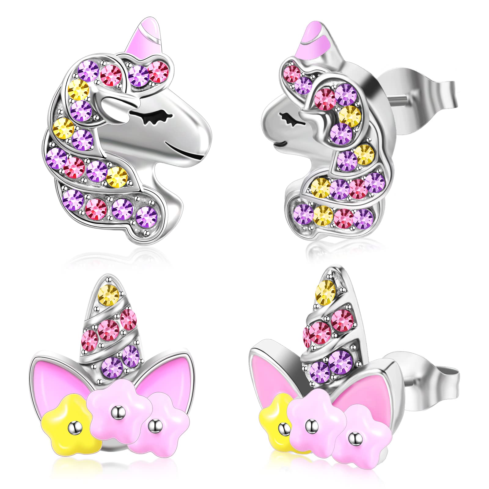 Hicarer Unicorn Earrings for Girls 2 Pairs Silver Color Unicorn Stud Earrings Flower Horn Unicorn Colorful Rhinestone Unicorn Earrings Cute Jewelry Birthday Party Gifts for Girls Daughter Girlfriend