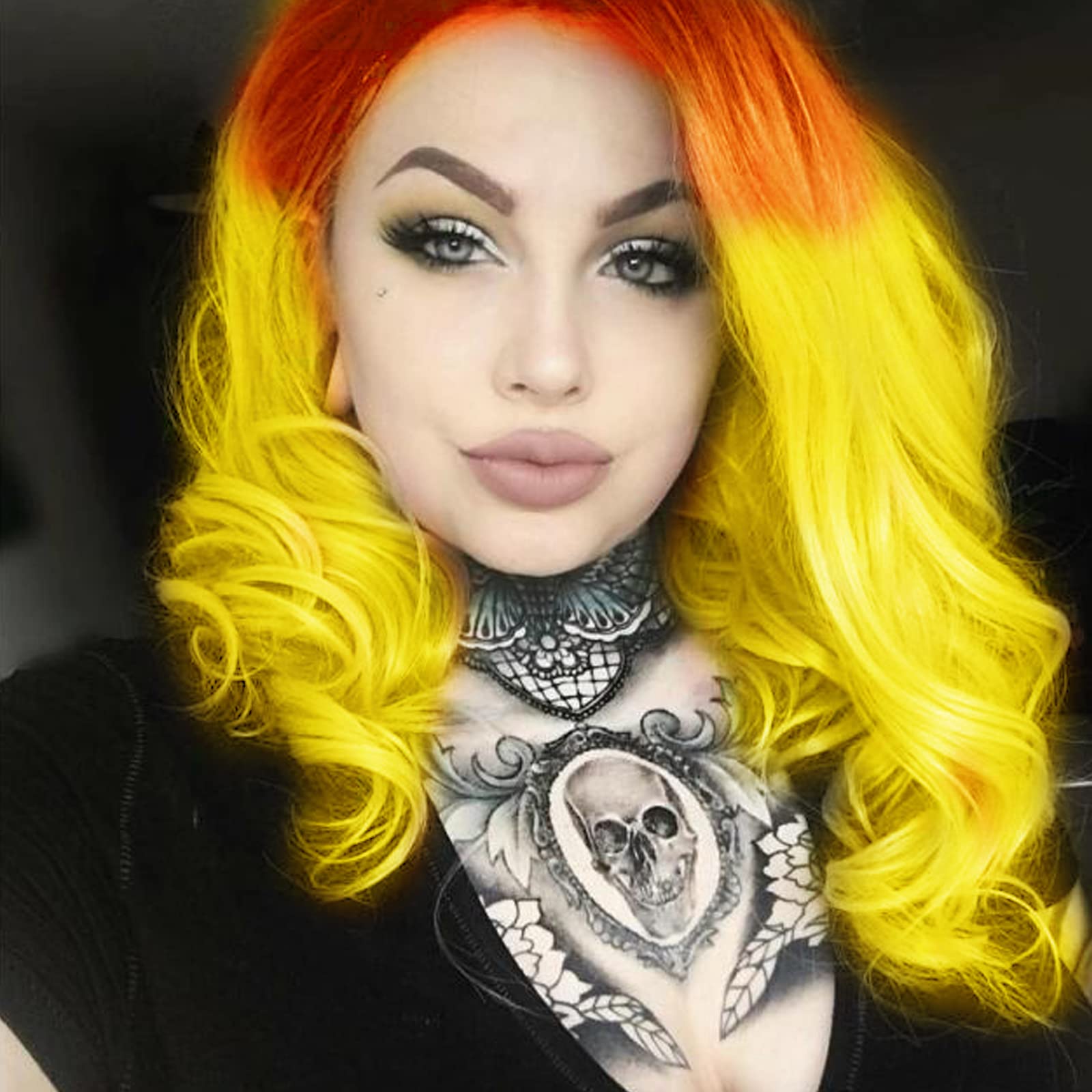 AFBeauty Orange Yellow Bob Wig Soft Curly Wave Lace Front Wigs for Women Real Natural Hairline Ombre Red Orange Color Short Hair Glueless Synthetic Heat Resistant Cosplay Daily 14Inch