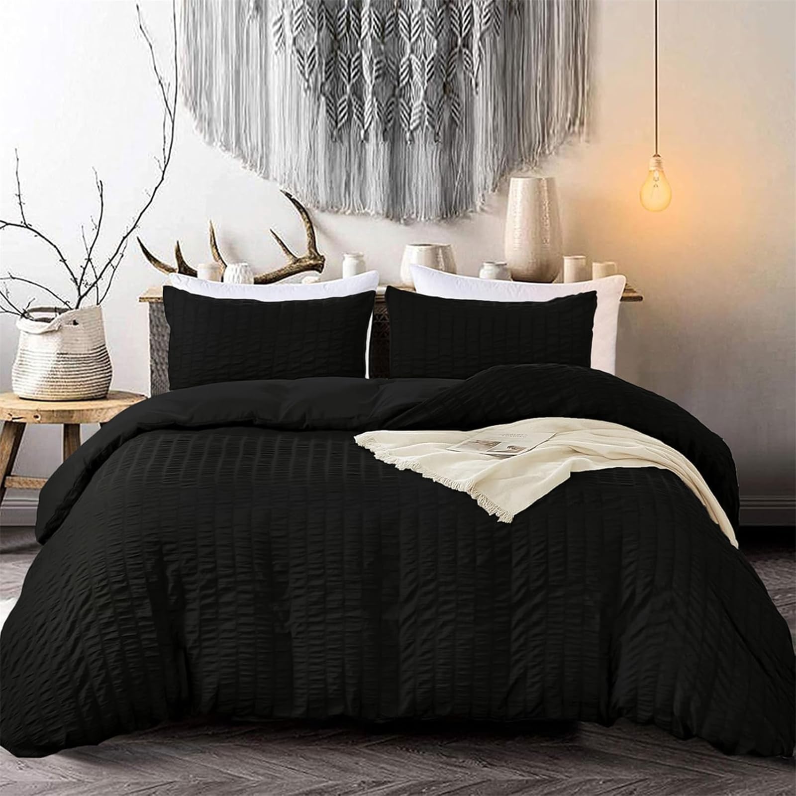 Double Size Black Seersucker Bedding Set Puckering Duvet Cover with 2 Pillowcases and Zipper Closure Soft Microfibre Duvet Cover Set 200 x 200 cm — image 1