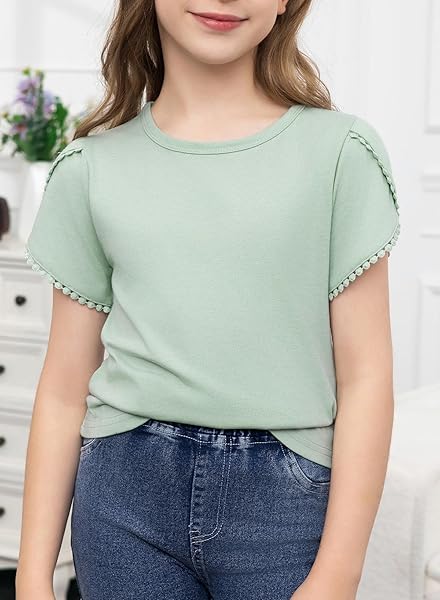 BLIBEAN TEEN GIRL SHIRT PRETEEN KID SHORT SLEEVE BLOUSE SOLID PLAIN SUMMER TOP FASHION CASUAL TEE CLOTHES DRESSY OUTFIT FANCY TSHIRT SIZE 10-11 YEAR OLD GREEN