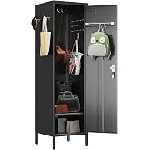 SUPEER 1-Door Metal Locker with Lock, Pegboard, Hooks and Hanging Rod,Black | 15"W x 15"D x 54.45"H steel locker with 2 pegboards, 5 hooks, an interior hanging rod and required assembly.