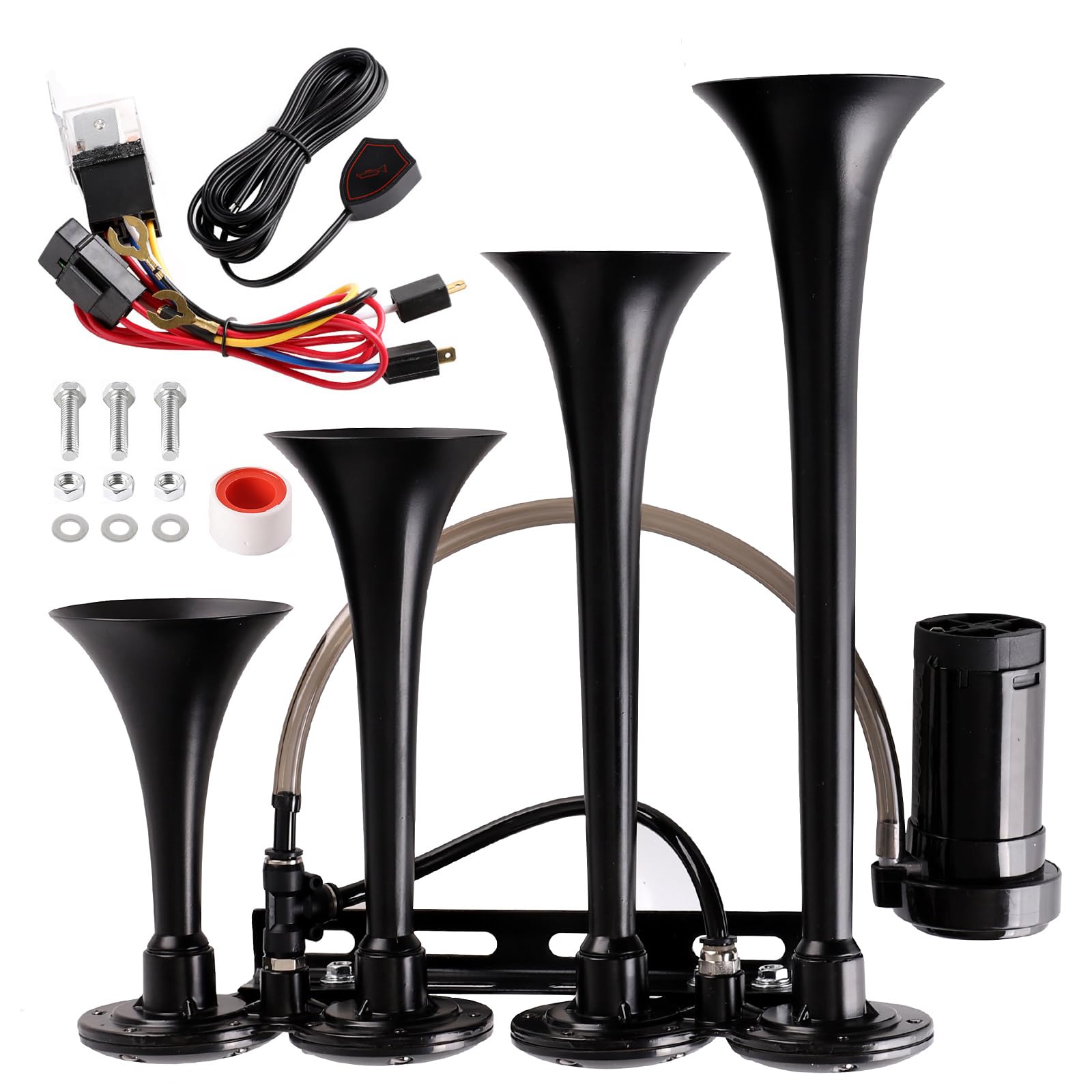 Photo 1 of 150db Truck Air Horn,4 Trumpet Horns Train Horn Kit for Truck 12V Super Loud Air Horns with compressor suitable for pickup/motorhome/SUV/truck/train(4-Trumpet with Air Compressor 12V and button)