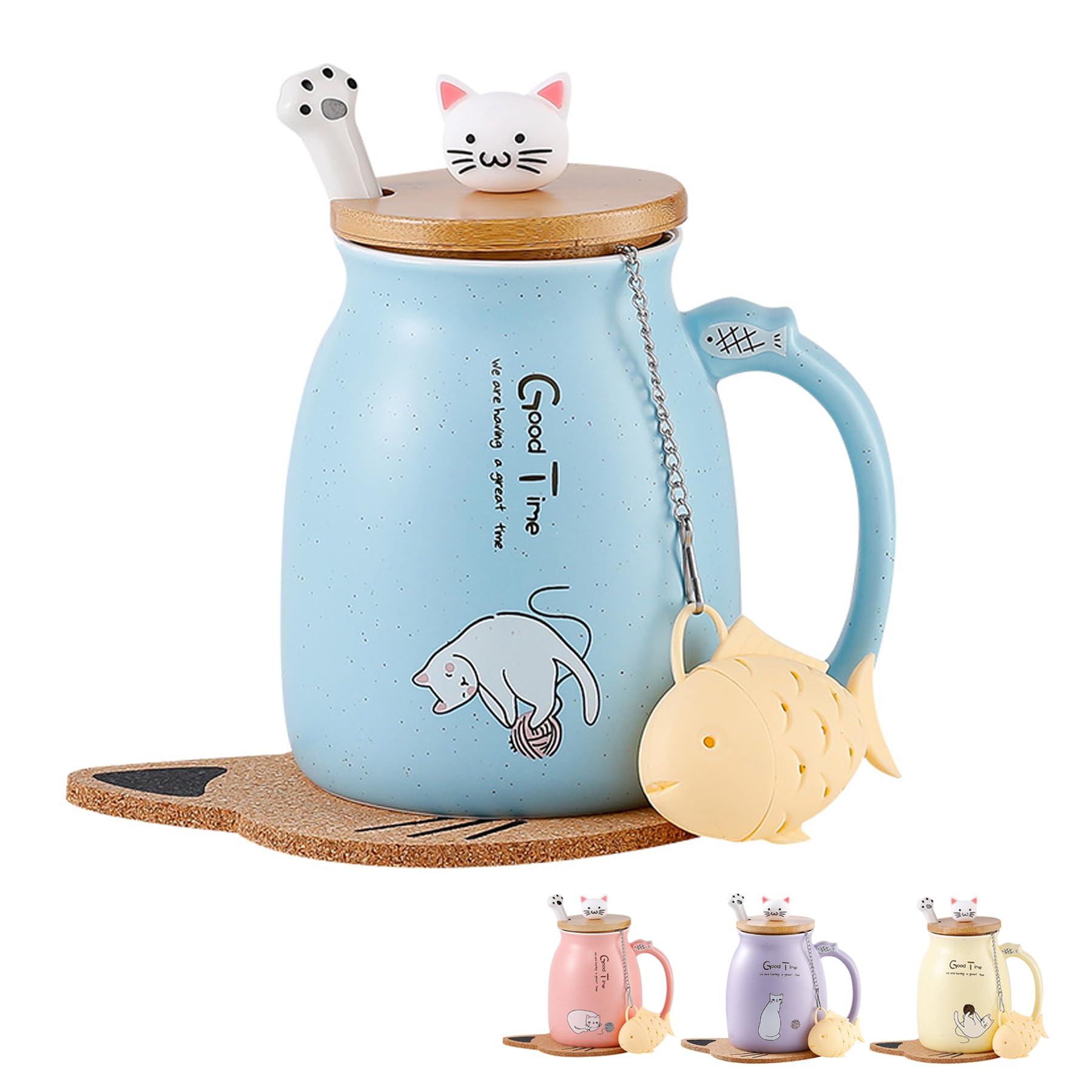 Cat Mug Cute Ceramic Coffee Cup with Lovely Kitty lid Stainless Steel Spoon,Novelty Morning Cup Coffee Mug Japanese Tea Cups Japanese Gifts Christmas Birthday Gifts for Women Cat Lovers Presents