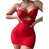 PITINAN Sexy Chain Sheer Mesh Ruched Bodycon Mini Night Out Club Dress with Thong 2 Piece Outfits
