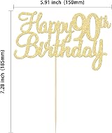 Gyufise 3Pcs Happy 90th Birthday Cake Topper Gold Glitter 90 Years Pick view 2