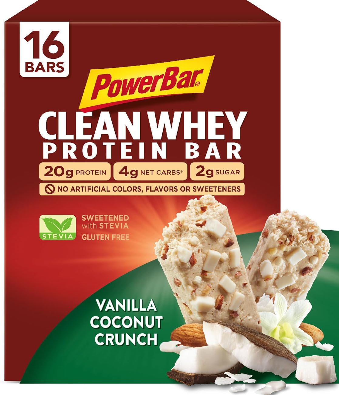 PowerBar Clean Whey Bar, Vanilla Coconut Crunch, 2.12 oz Bar, (16 Count)