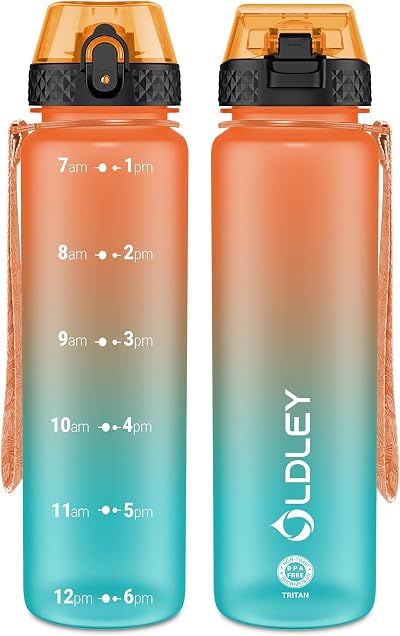 OLDLEY 1L Sports Water Bottle with Straw Time Markings Leak Proof BPA Free