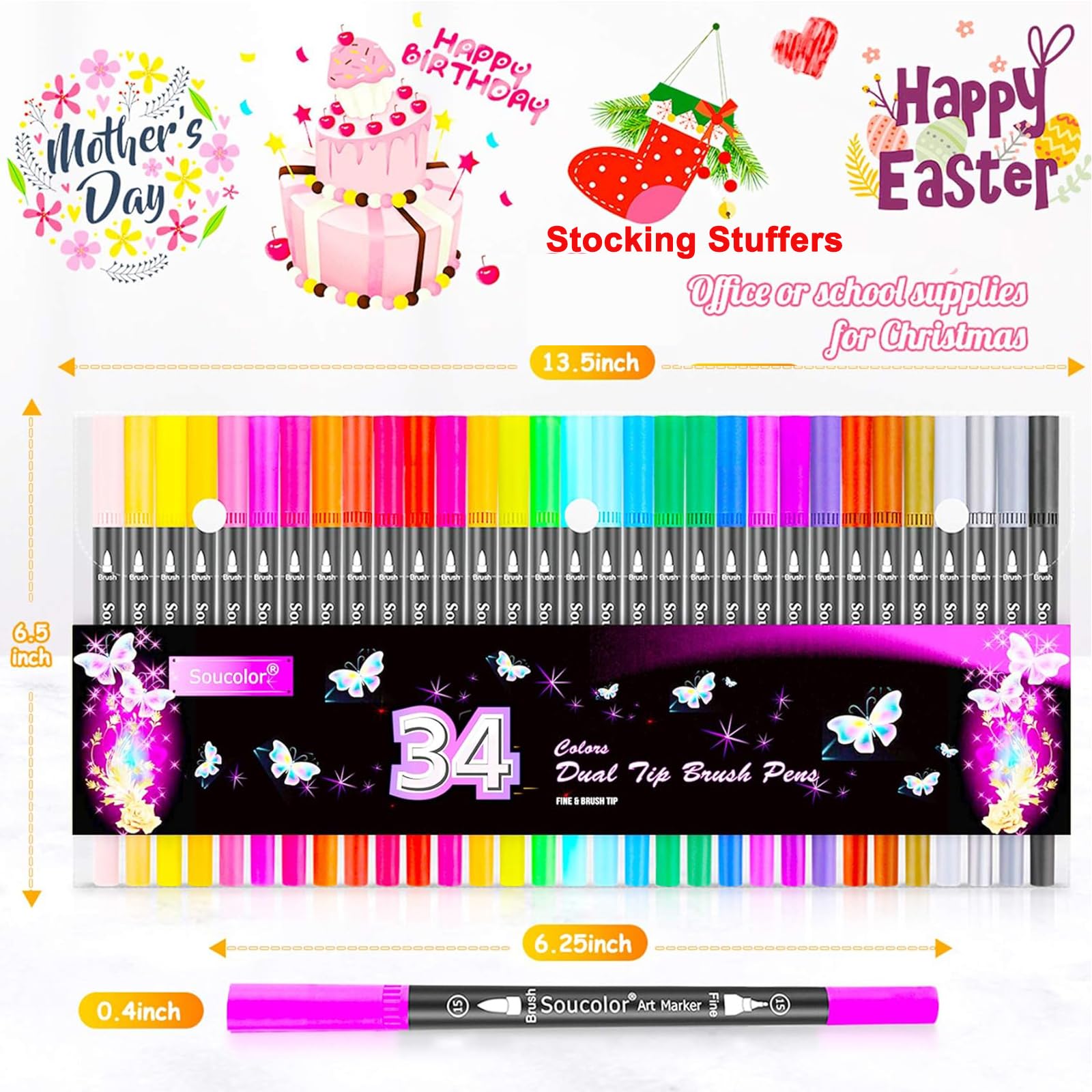 Soucolor Art Brush Markers Pens for Adult Coloring Books, Christmas Gifts Stocking Stuffers for Teen Girls Art Supplies, 34 Colors Numbered Dual Tip (Brush and Fine Point) Drawing Markers for School