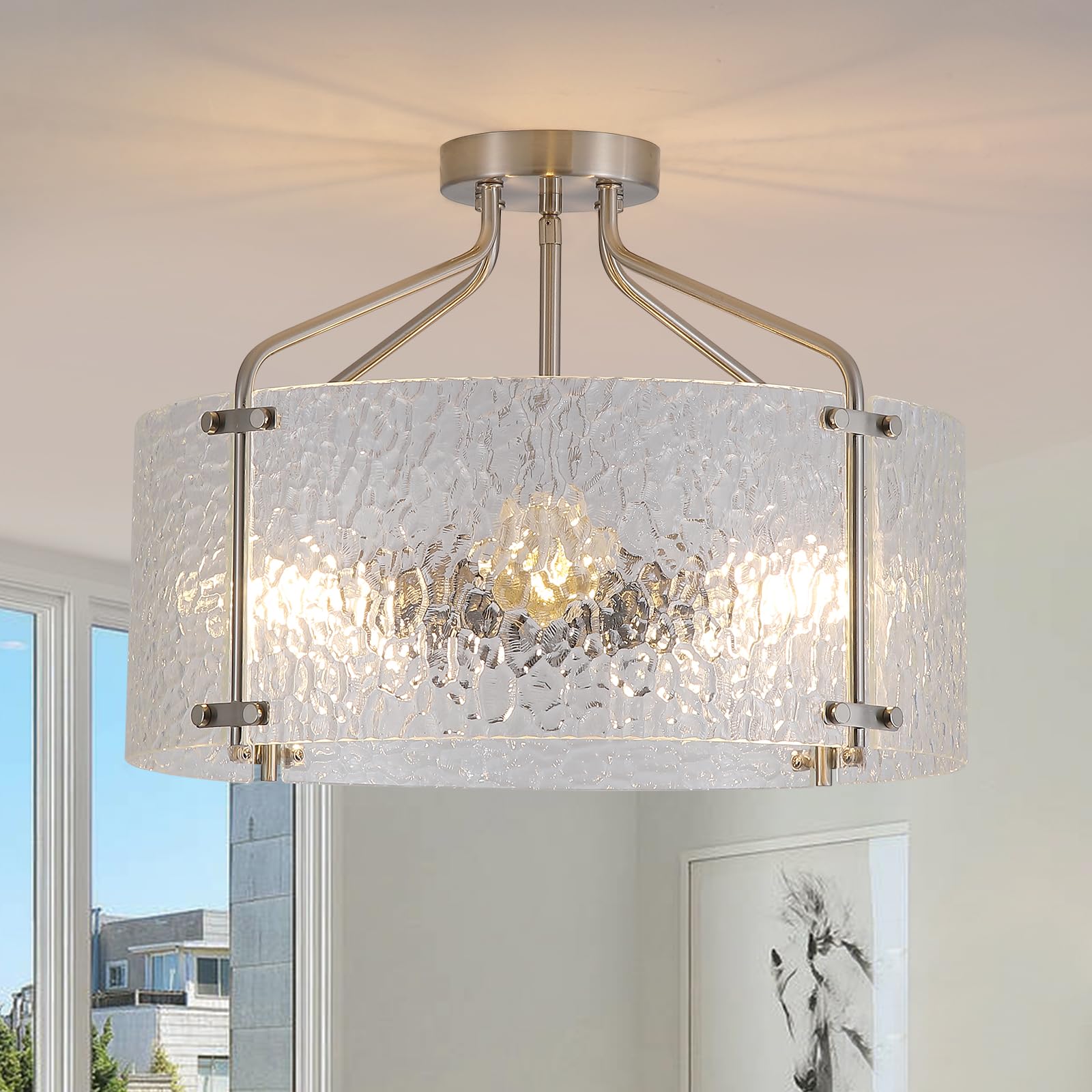 Photo 1 of Semi Flush Mount Ceiling Light Fixture,Glass Drum Kitchen Lighting Fixtures Ceiling,18''Brushed Nickel Modern Light Fixture Chandelier,5-Light Foyer Lighting Fixtures for Bedroom Hallway Foyer Porch