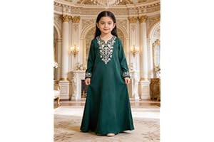 Muslim Toddler Girl Embroidered Abaya Islamic Long Sleeve Kaftan Dress, Green
