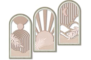 Putuo Decor Boho Sun Wall Art Set of 3, Abstract Pink Artwork, Mid Century Modern MDF Wooden Wall Decor for Living Room Bedro