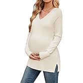 OUGES Women's Sweaters Split Side Long Sleeve V Neck 2025 Fall Maternity Clothes Ribbed Knit Trendy Pullover Tops