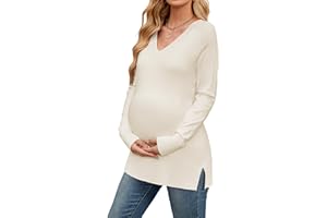 OUGES Women's Sweaters Split Side Long Sleeve V Neck 2025 Fall Maternity Clothes Ribbed Knit Trendy Pullover Tops