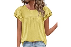 GOFLIC Summer Tops for Women Eyelet Ruffle Sleeve Blouses Solid Color Babydoll Shirts Casual Loose Crewneck Tunic Tops