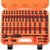1/4" Drive Impact 56-Piece Socket Set, Standard SAE (5/32 to 9/16 inch) &amp; Metric (4-15mm), 6 Points, CR-V, 1/4-Inch Drive Ratchet Handle, Drive Extension Bar &amp; Impact Universal Joint with Case