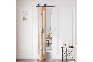 CEAKIAN Preassembled Bifold Barn Door 24 x 84 in (Double 12x84in) with Bi-fold Door Hardware Kit, Frosted Glass Cross Transparent, Pre-Drilled Holes, French Glass Doors, Wood Slat, Fit 24in Opening