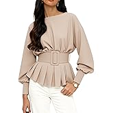EsheSy Women's Peplum Sweatshirt Long Sleeve Boat Neck Pleated Top Dressy Casual Pullover Tunics Bussiness Shirts with Belt